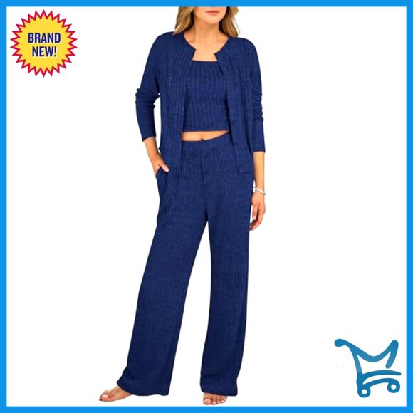 Three Piece Lounge Set Knit Crop Cardigan Cami Top Wide Leg Pants Comfy - Picture 2 of 7